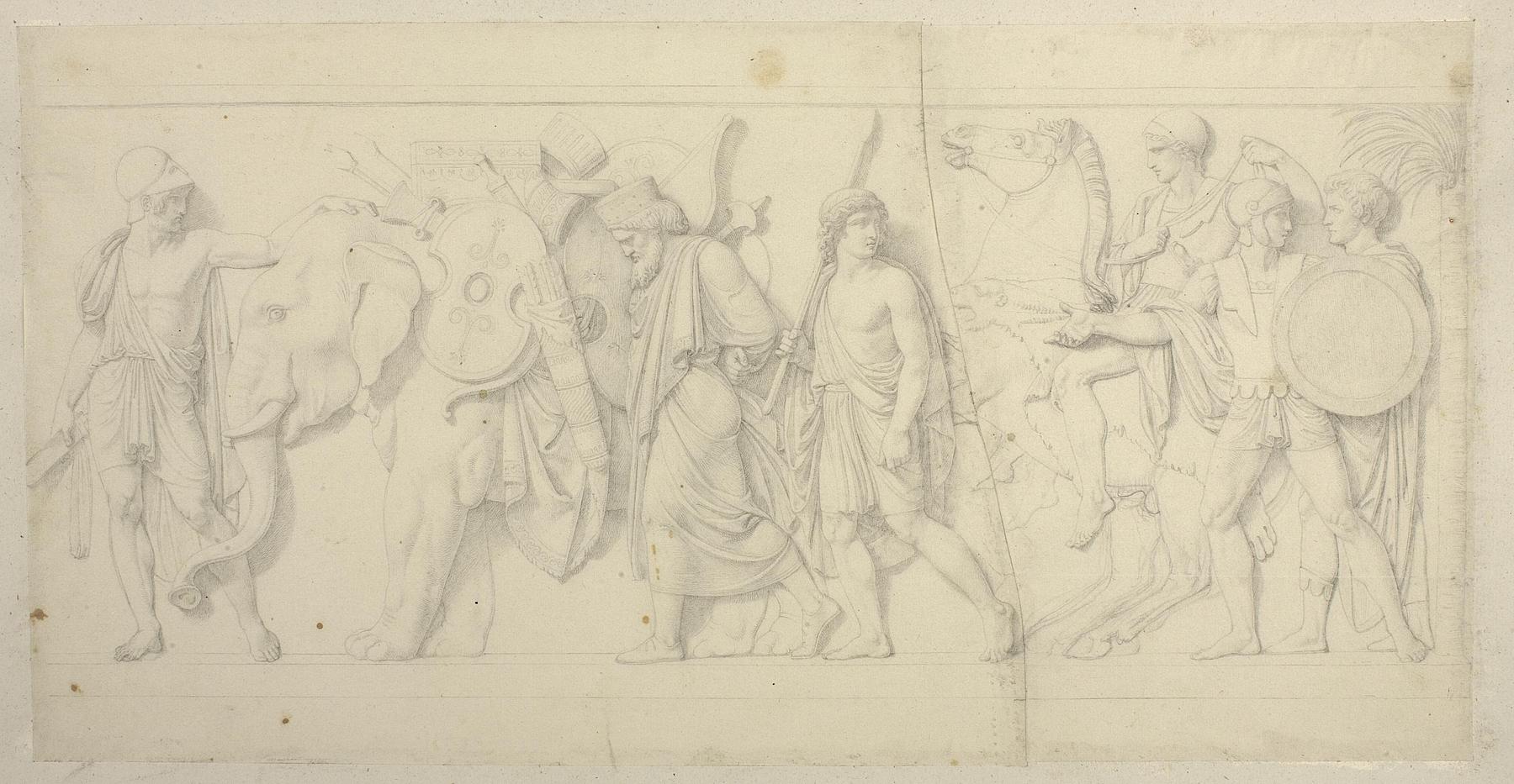 Ung græsk kriger viser Thorvaldsen elefanten som passererer med persiske våben og det kosteligste skrin, D22