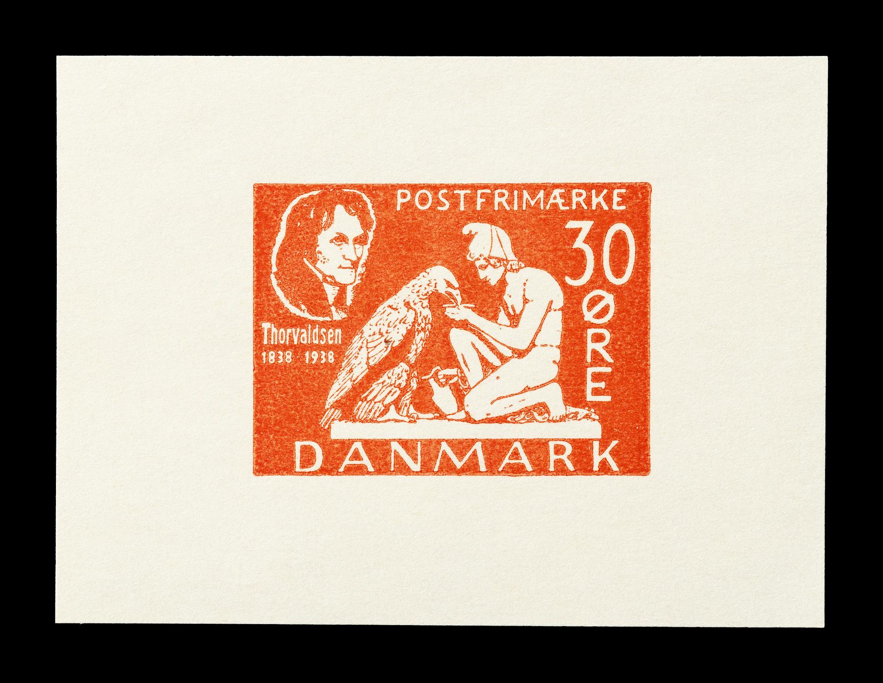 Prøvetryk af udkast til et dansk frimærke med Thorvaldsens Ganymedes med Jupiters ørn, E2341,14