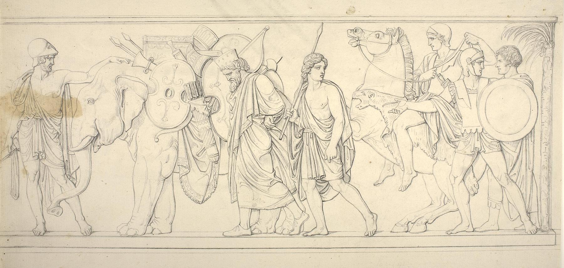 Ung græsk kriger viser Thorvaldsen elefanten som passererer med persiske våben og det kosteligste skrin, D179
