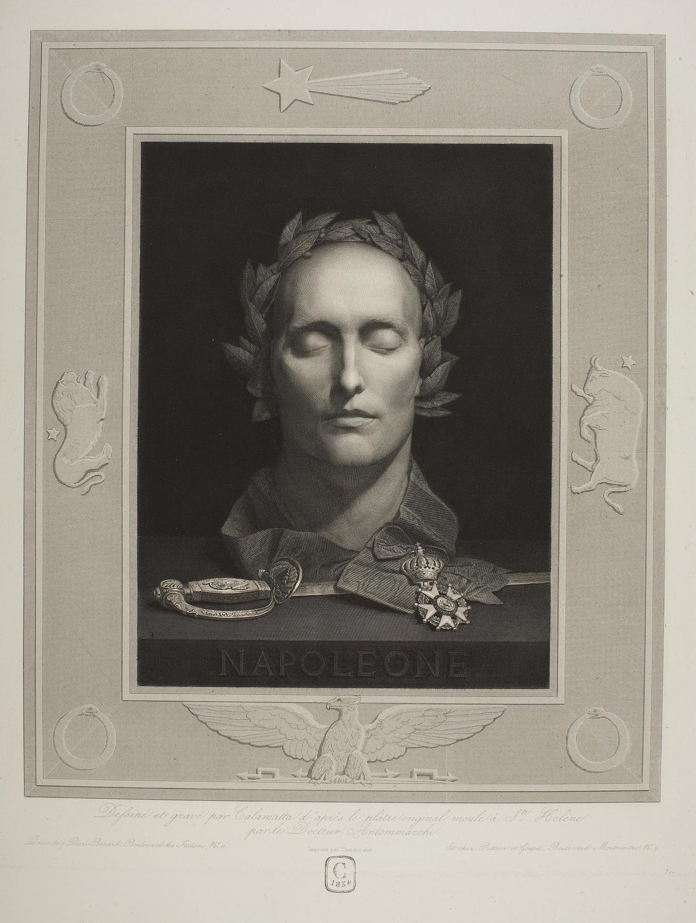 Napoleon Bonapartes dødsmaske med laurbærkrans, æreslegionens orden og kårde, E401
