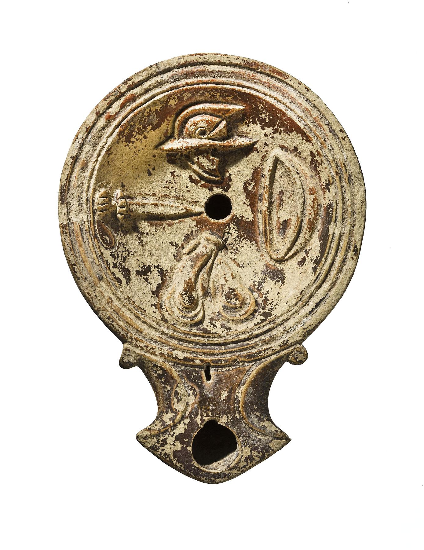 Lamp with greaves, shield, helmet, and sword, H1184