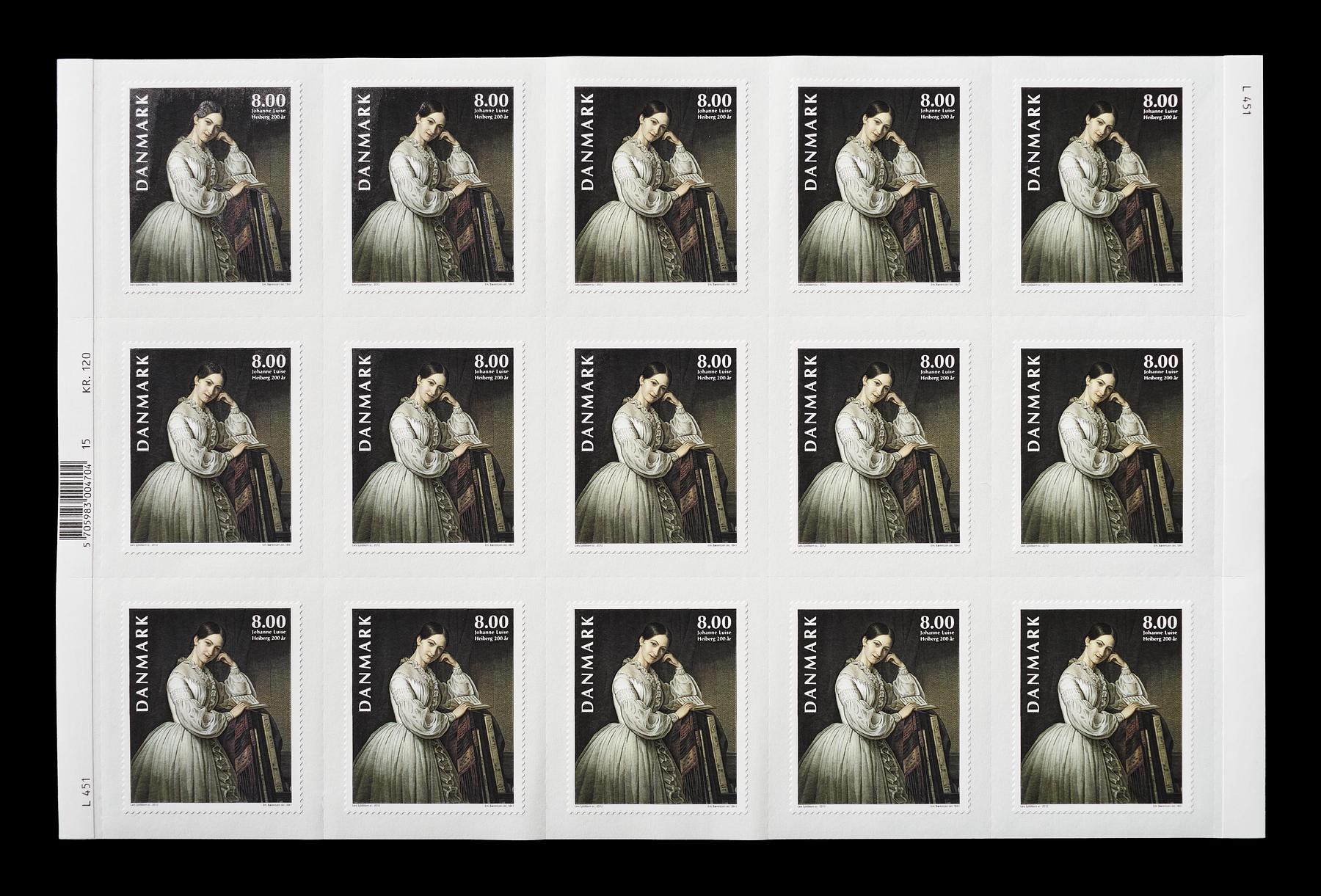 Ark med 15 danske frimærker med portræt af Johanne Luise Heiberg, E2342