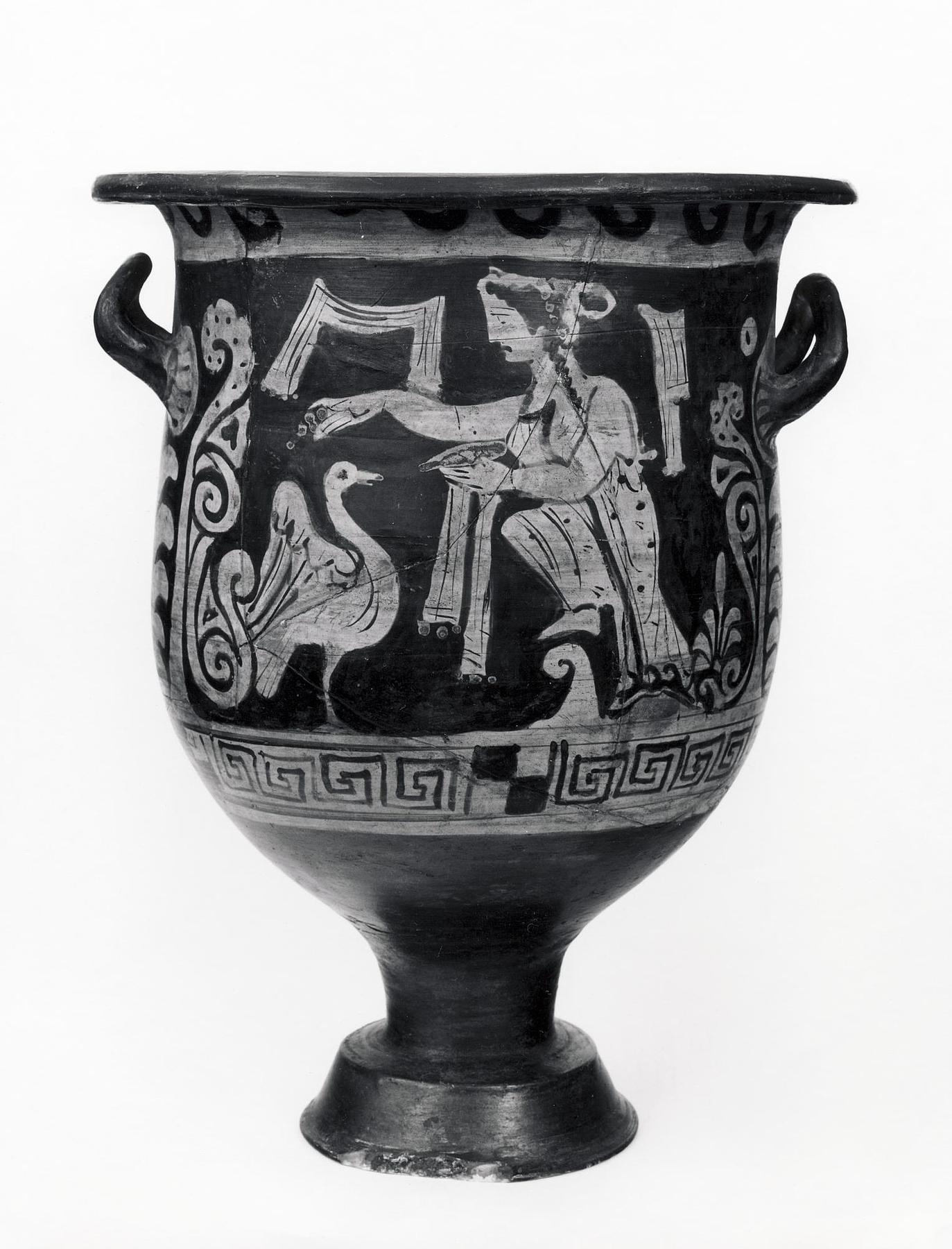Krater with a woman seated by an altar (A) and a woman and a swan (B), H649