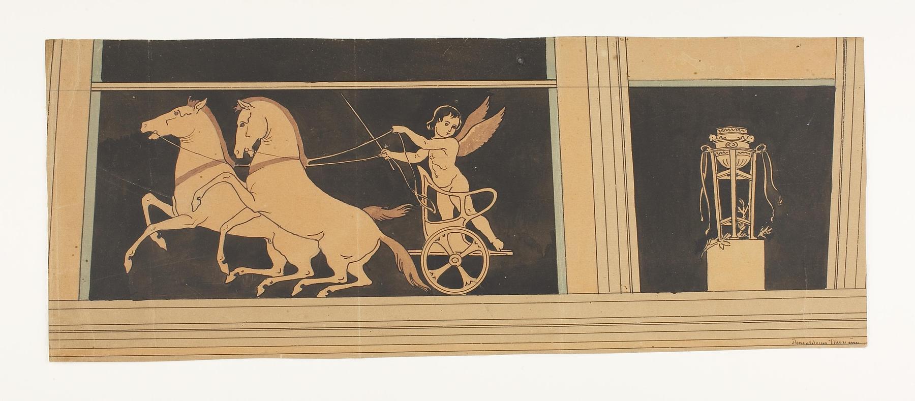 Amorin på vogn med dansende heste. Trefod, D1794