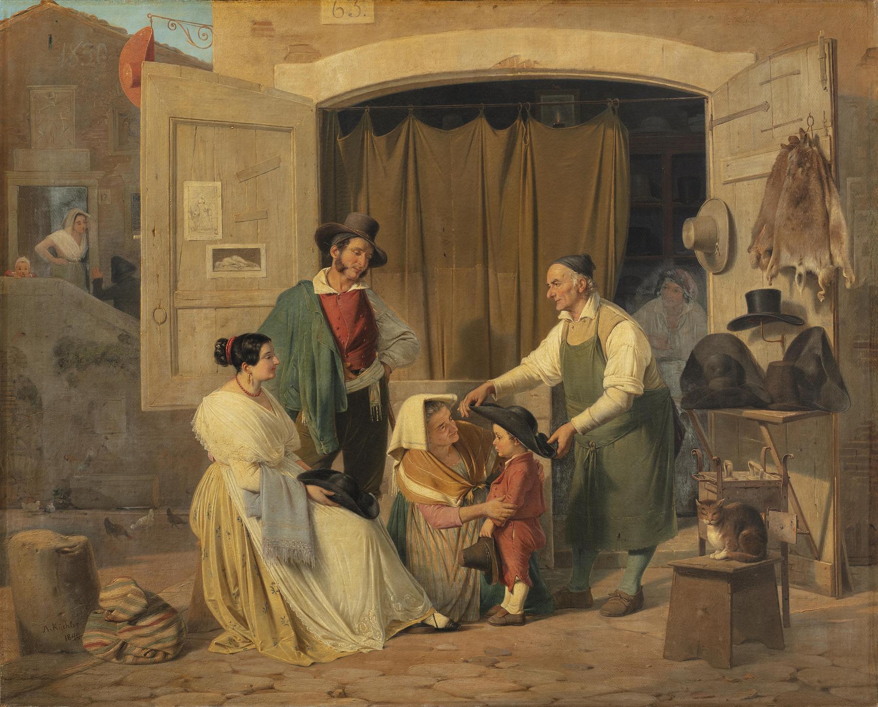 Et par romerske almuefolk køber en hat til deres lille søn som skal være abbate, B246