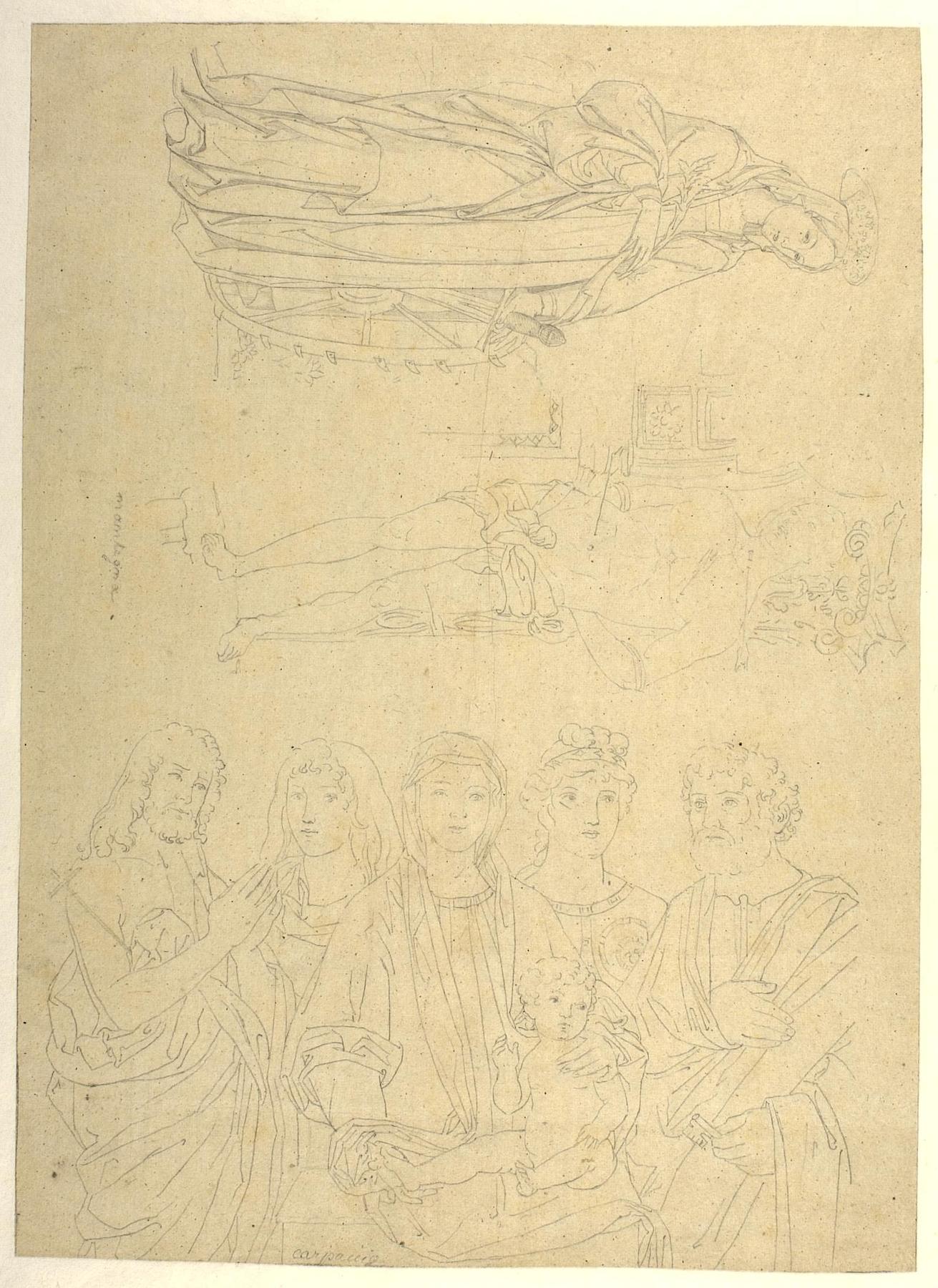 Sankt Catharina. Sankt Sebastian. Maria med barnet omgivet af helgener, D1117