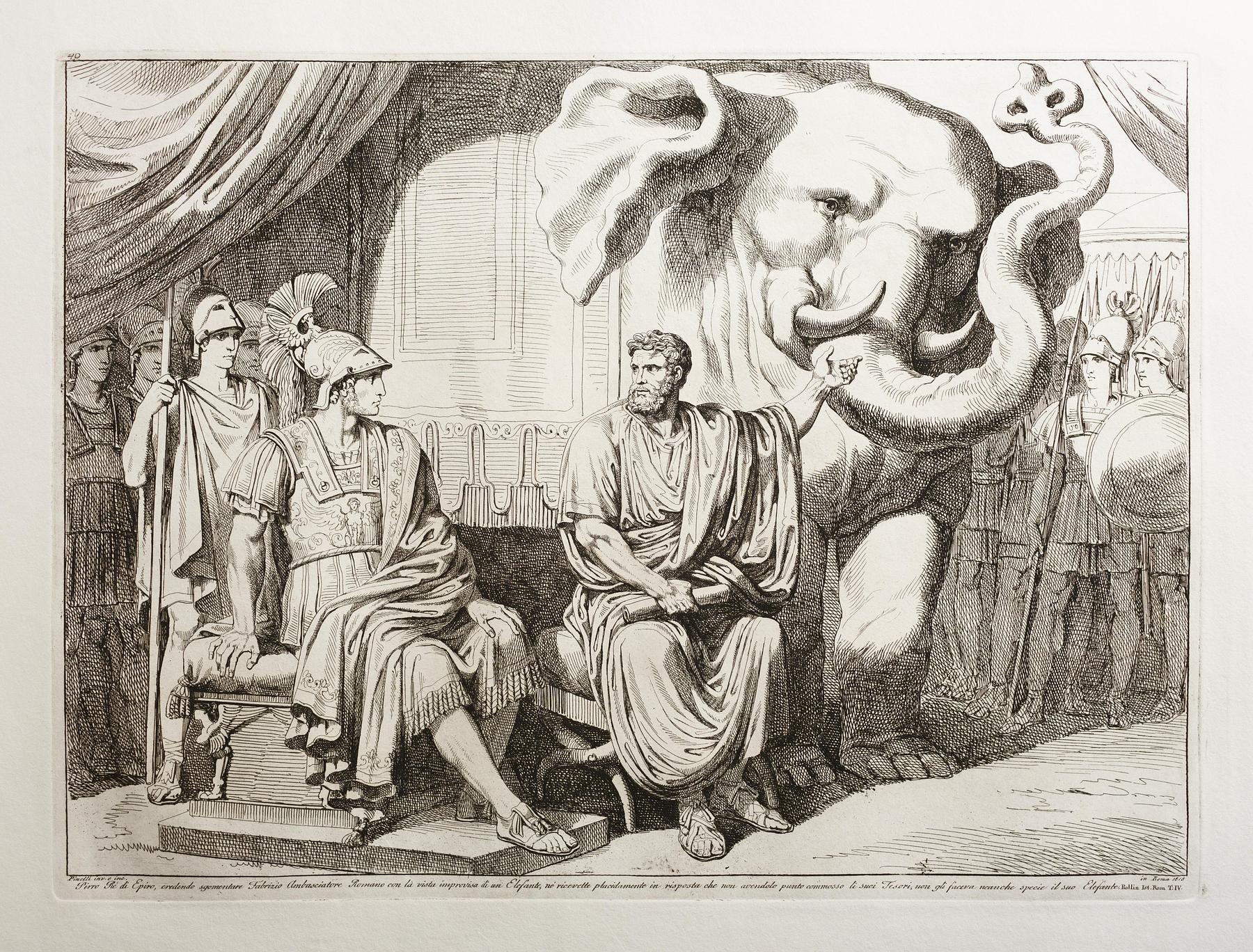 Pirro Re di Epiro, credendo sgomentare Fabrizio Ambasciatore Romano con la vista improvisa di un Elefante, E943,46