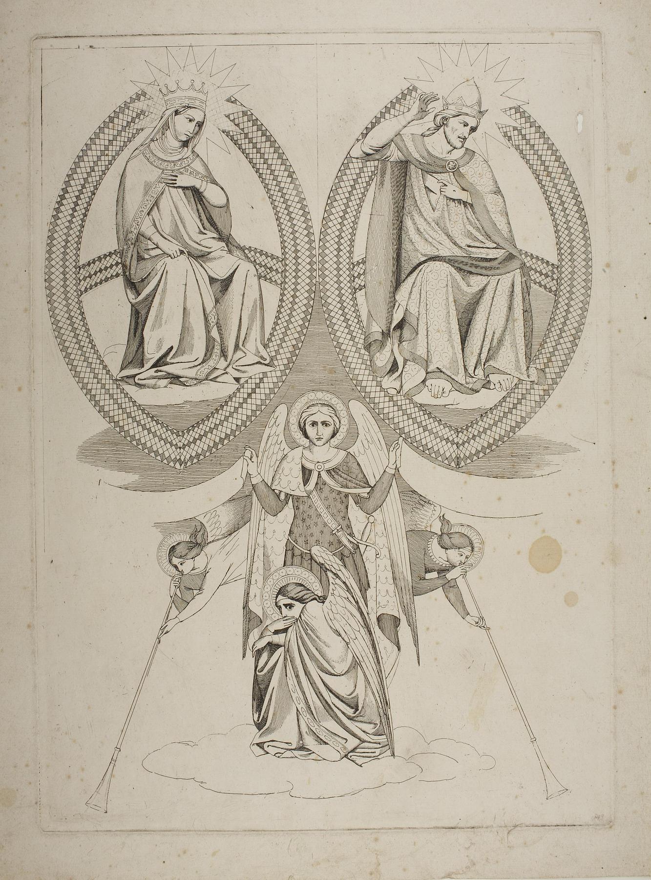 Den dømmende Kristus og Maria i mandorla, lurblæsende engle, E1637