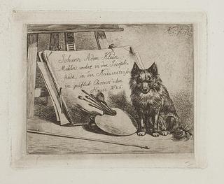 E688 Hund, der sidder ved malerredskaberne og mappen med kunstnerens adresse