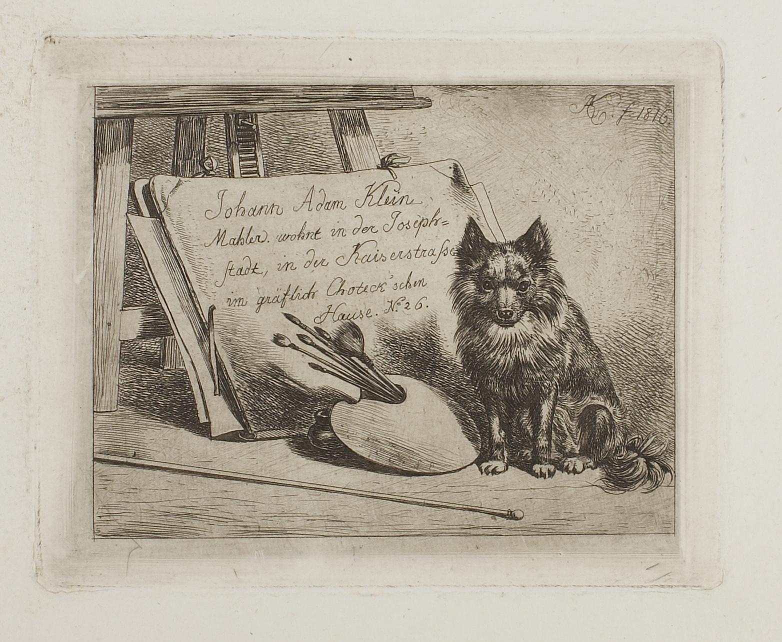 Hund, der sidder ved malerredskaberne og mappen med kunstnerens adresse, E688