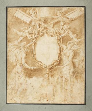 D465 To figurer med et paveligt skjold, Roms skjold og familien Lambertinis våben