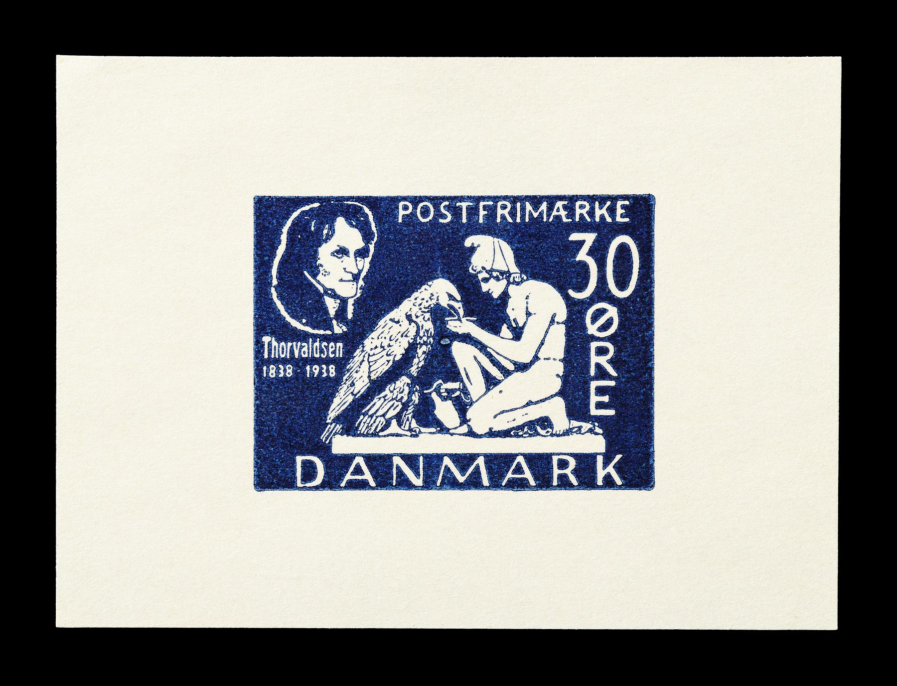 Prøvetryk af udkast til et dansk frimærke med Thorvaldsens Ganymedes med Jupiters ørn, E2341,8