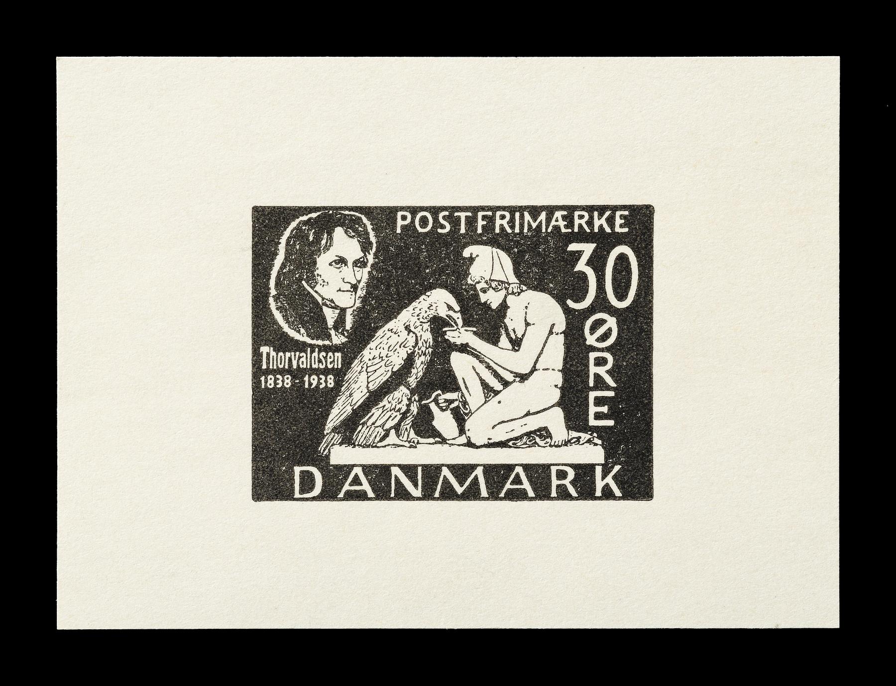Prøvetryk af udkast til et dansk frimærke med Thorvaldsens Ganymedes med Jupiters ørn, E2341,3
