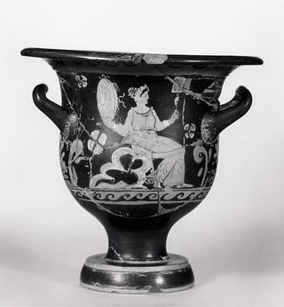 H636 Krater with a seated woman holding a tambourine and a mirror (A) and a satyr by an altar (B)