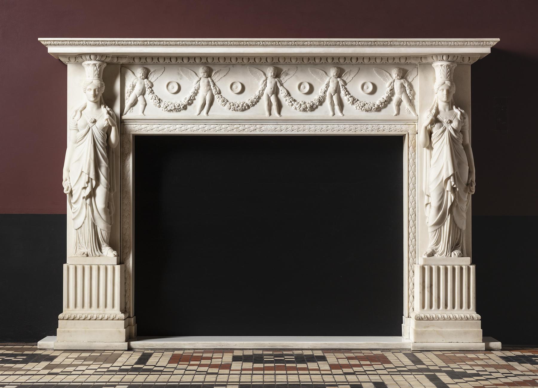 Fireplace mantel with two caryatids and five cupids, festoons, and rosettes, A735