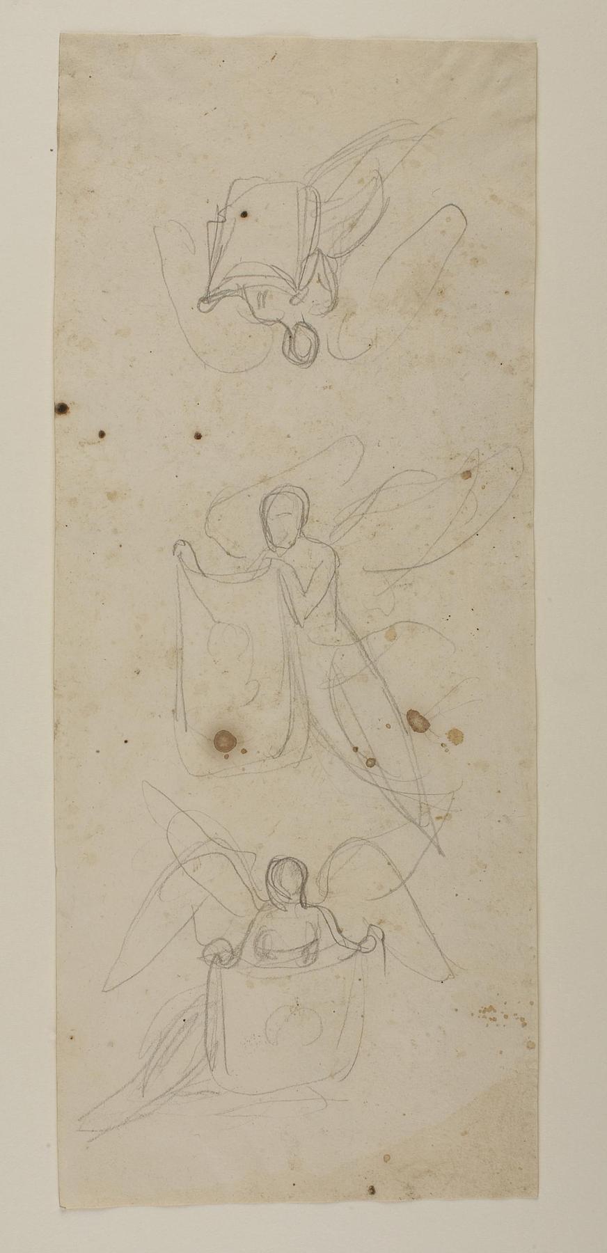Svævende engel, der holder et klæde med portrætskitse, til ubekendt gravmæle, C177r