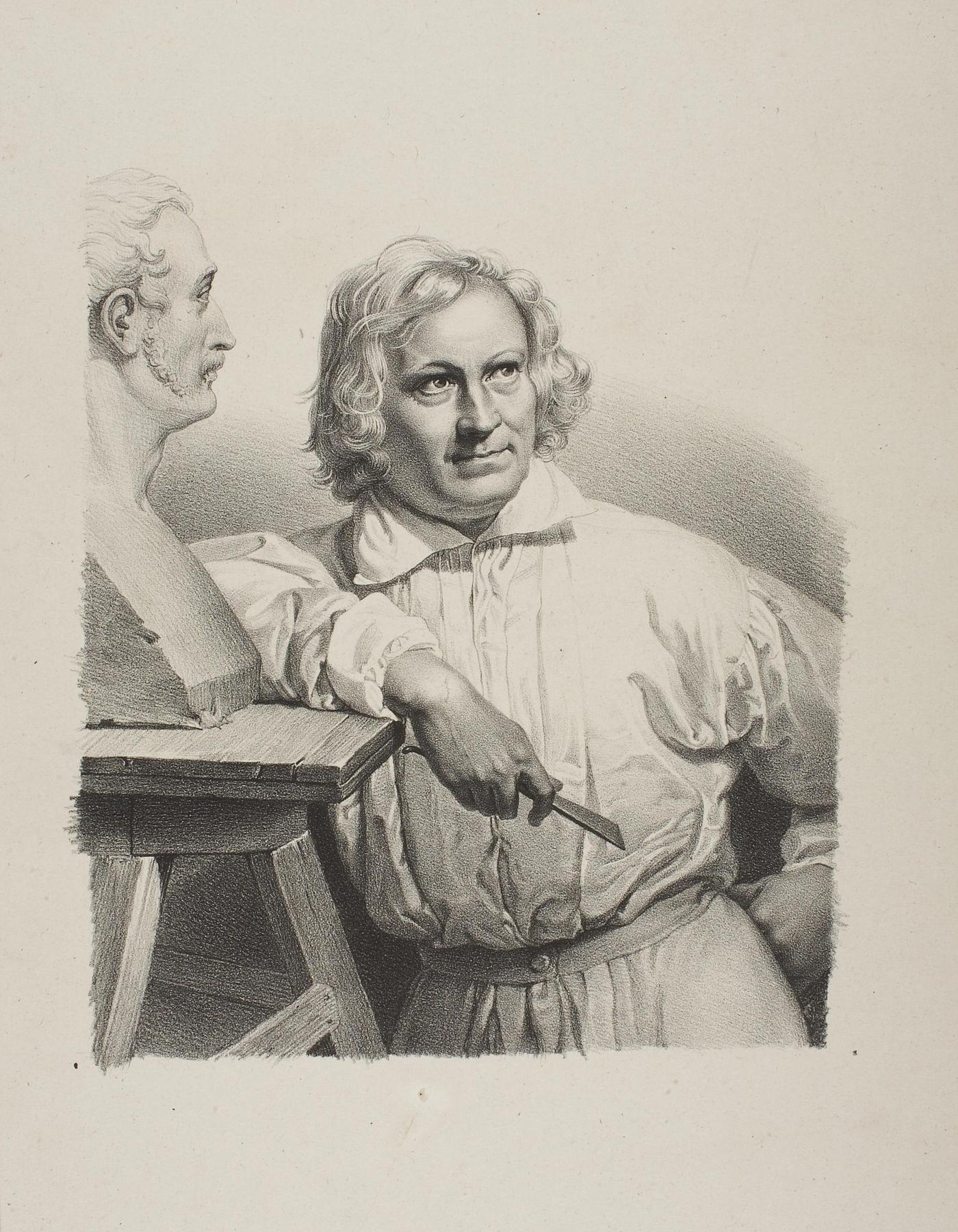 Portrait of Thorvaldsen modelling the bust of Vernet, E2114