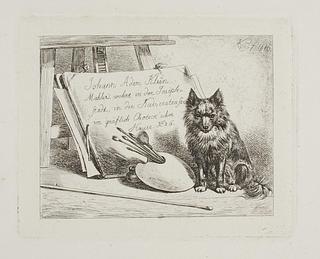 E687 Hund, der sidder ved malerredskaberne og mappen med kunstnerens adresse