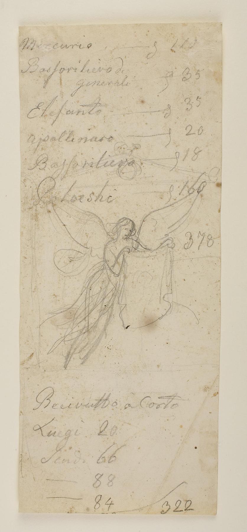 Hovering angel holding a cloth with a portrait sketch, for an unknown sepulchral monument, C177v