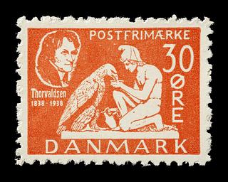 E2341,24 Prøvetryk af udkast til et dansk frimærke med Thorvaldsens Ganymedes med Jupiters ørn
