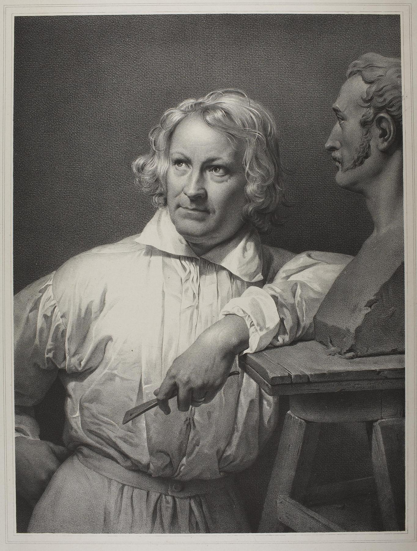 Portrait of Thorvaldsen modelling the bust of Vernet, E19