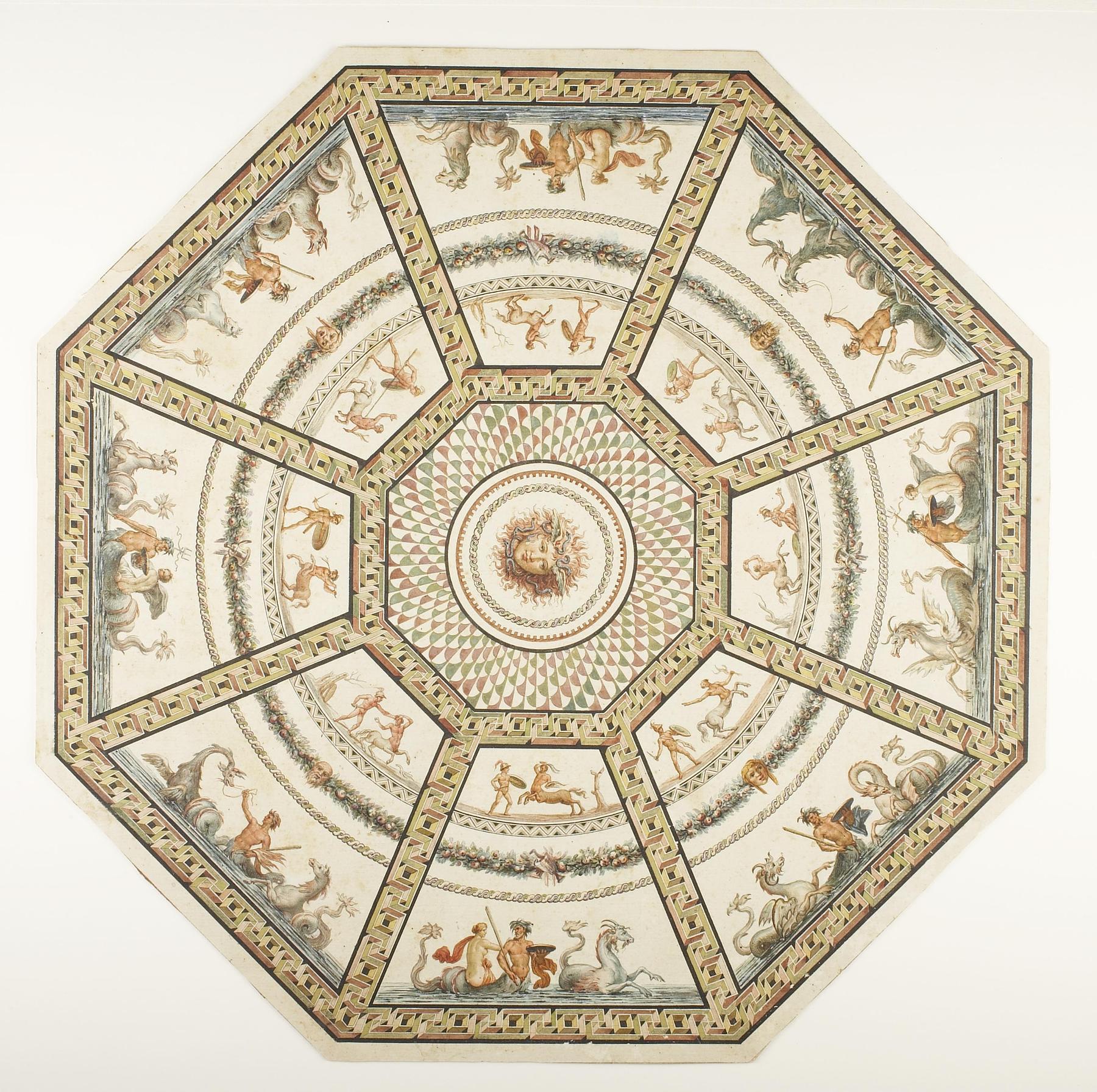 Ottekantet mosaikgulv med Medusahovede i centrum, D908