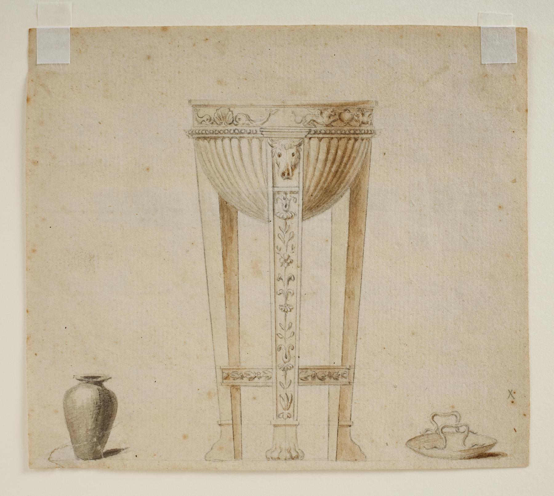 Tripod, vase, and cup, C842r