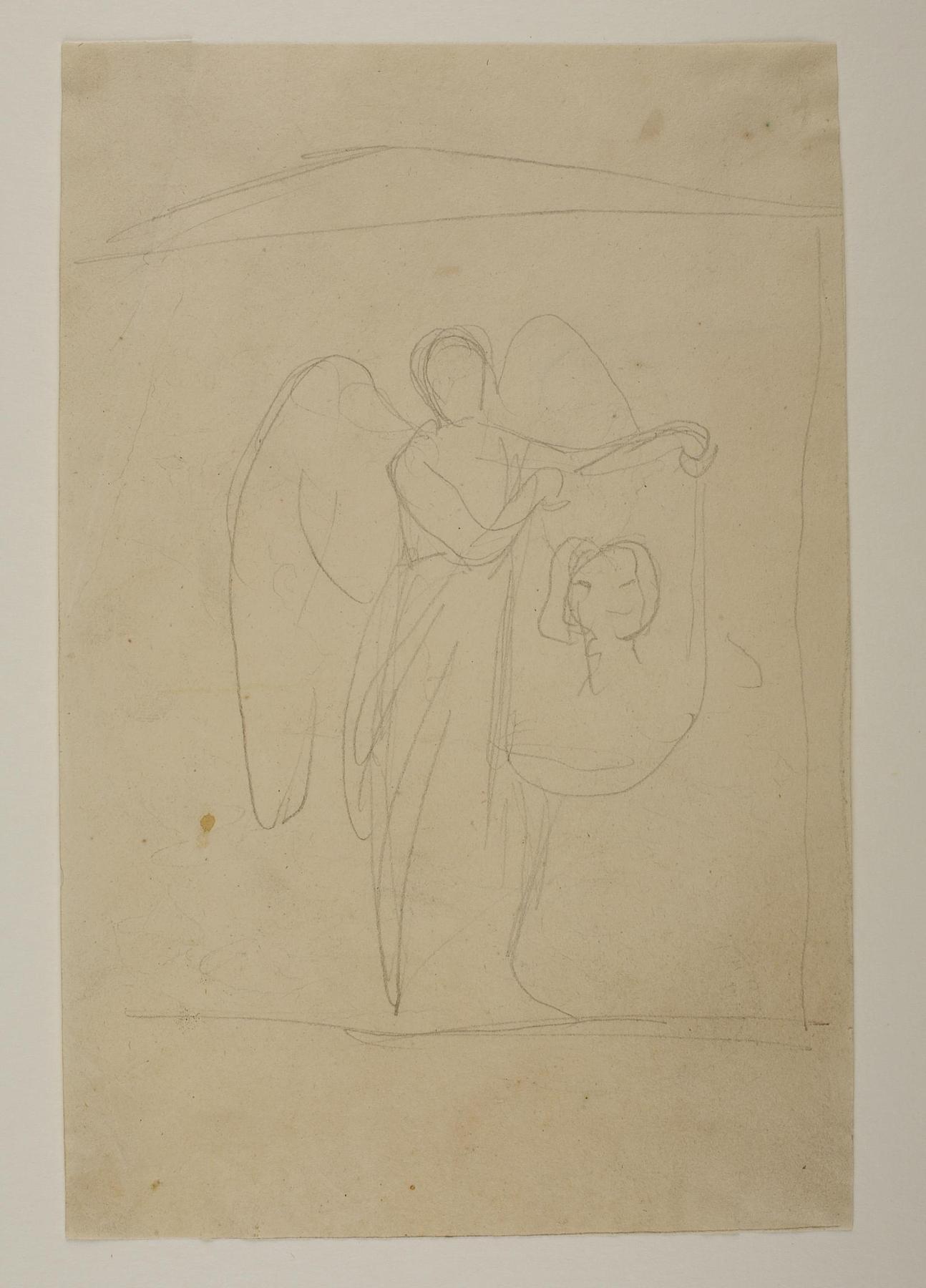 Engel der holder et klæde med en portrætskitse, til ubekendt gravmæle, C178