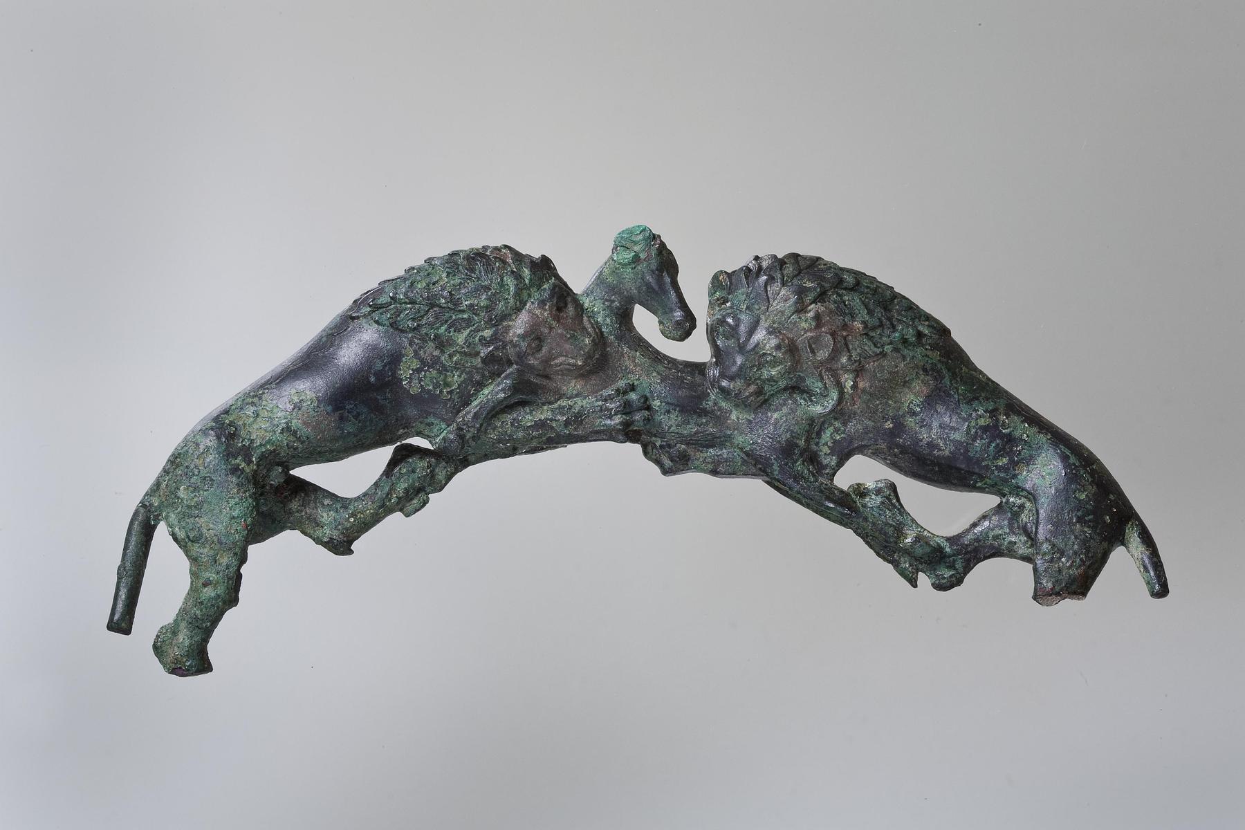 Handle from a foot bath in the shape of two lions attacking a hind, H2029