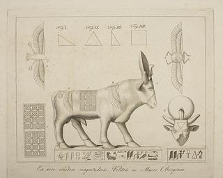 E1420 Gudestatue i form af en tyr. Detaljer af symbolerne på dyrekroppen
