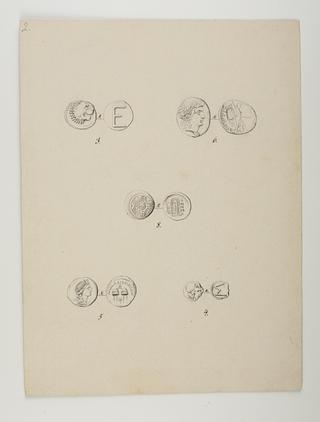 D928 For- og bagside af fem mønter fra Thorvaldsens møntsamling
