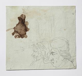 C6v Two profile portraits in caricature. Sketch of a triumphal arch or gateway