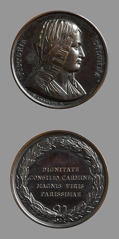 F87 Medaljens forside: Digteren Vittoria Colonna. Medaljens bagside: Laurbærkrans og inskription