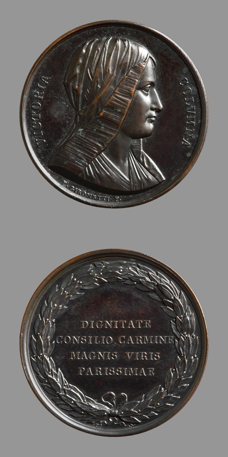 Medaljens forside: Digteren Vittoria Colonna. Medaljens bagside: Laurbærkrans og inskription, F87