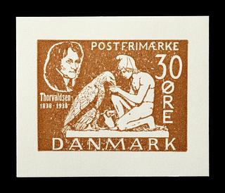 E2368 Prøvetryk af udkast til et dansk frimærke med Thorvaldsens Ganymedes med Jupiters ørn