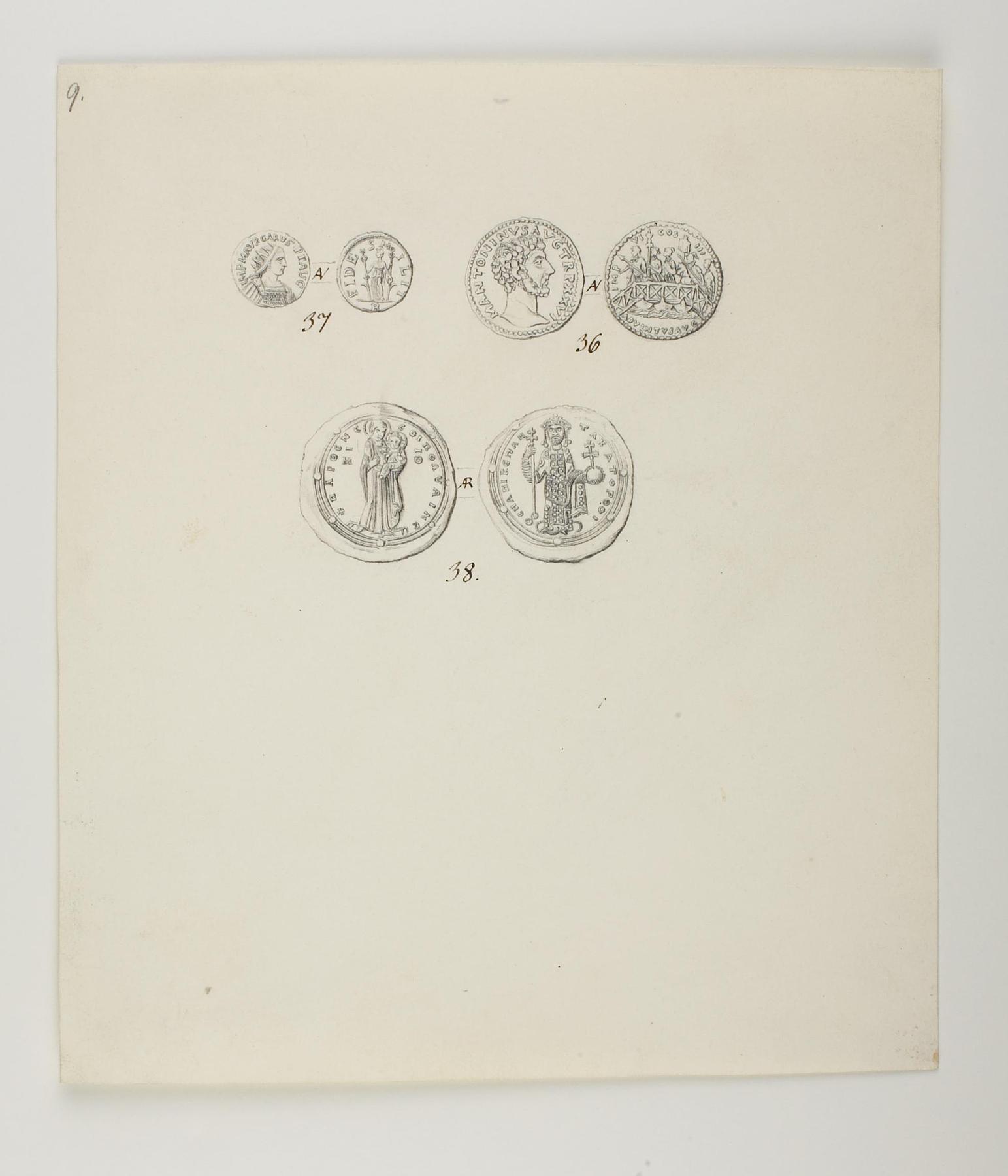 For- og bagside af tre mønter fra Thorvaldsens møntsamling, D933