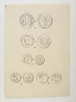 D932 For- og bagside af fem mønter fra Thorvaldsens møntsamling