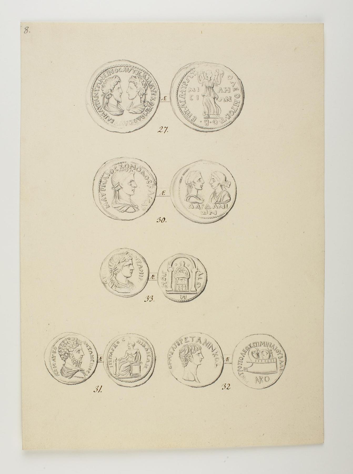For- og bagside af fem mønter fra Thorvaldsens møntsamling, D932