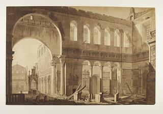 D484 Det indre af San Paolo Fuori le Mura umiddelbart efter branden 1823