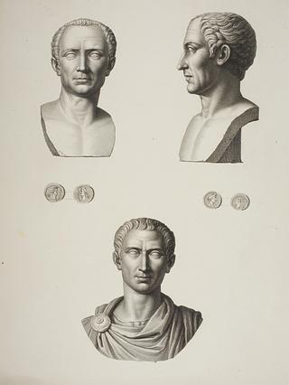 E1452 Bronzebuste af Cæsar. Romerske mønter med portræt af Cæsar