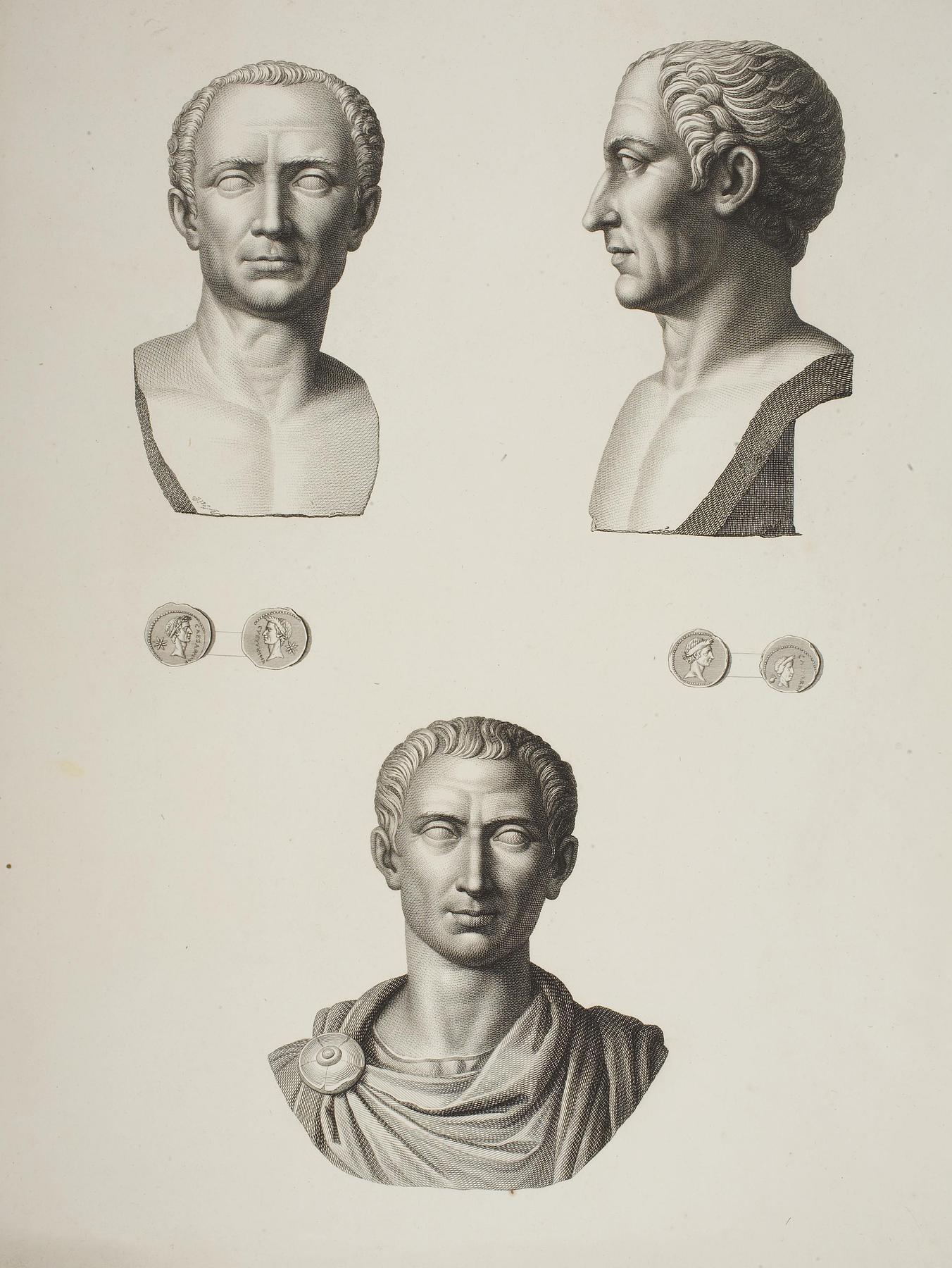 Bronzebuste af Cæsar. Romerske mønter med portræt af Cæsar, E1452