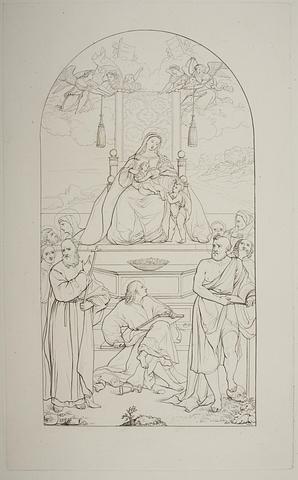 E1678 Maria med barnet og Johannes Døberen på en trone omgivet af Sankt Frans (?), evangelisten Johannes (?), Sankt Hieronymus og andre helgener