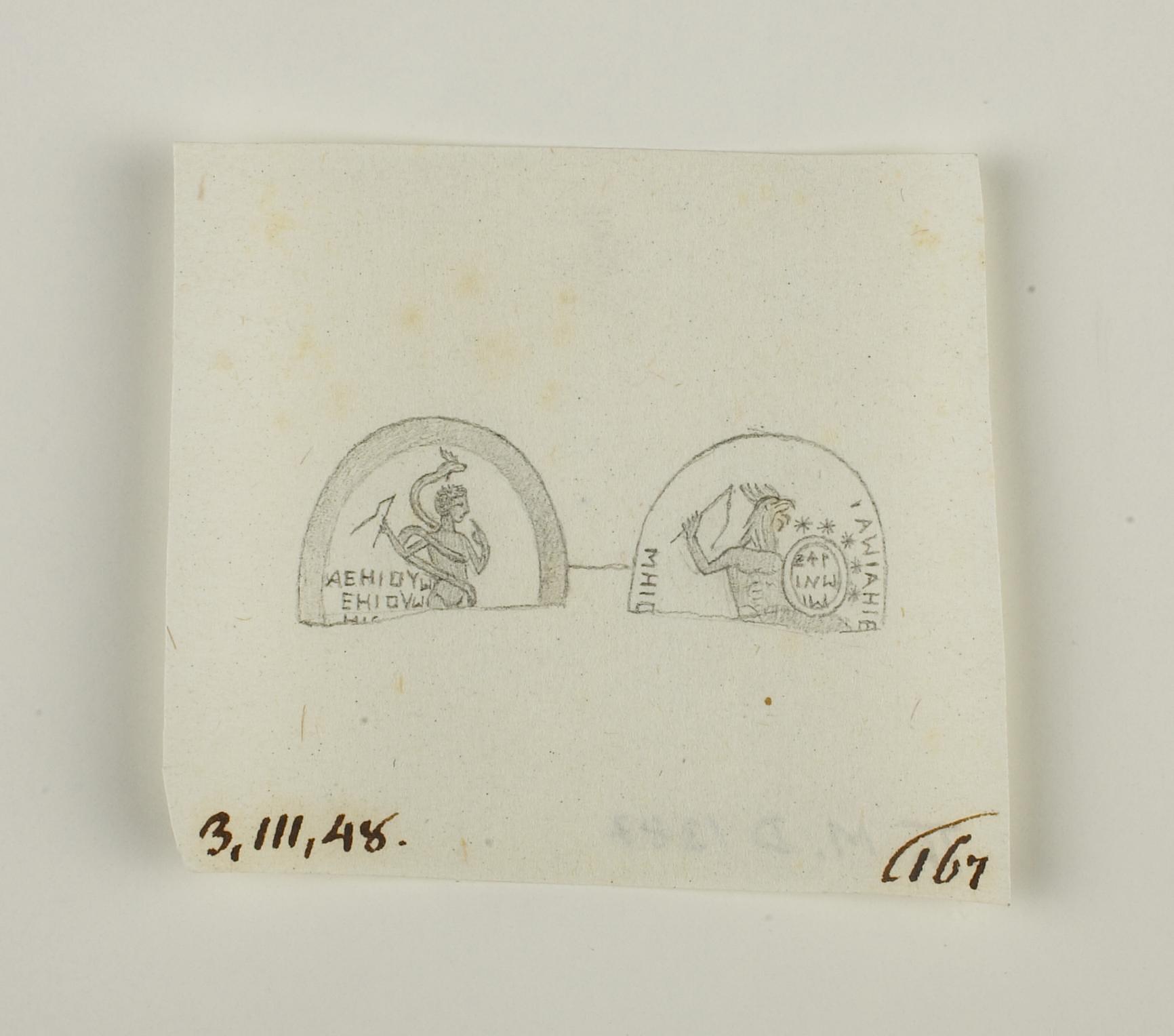 Harpokrates omvundet af slange, indskrift. Figur med hanehoved og skjold, indskrift, D1387