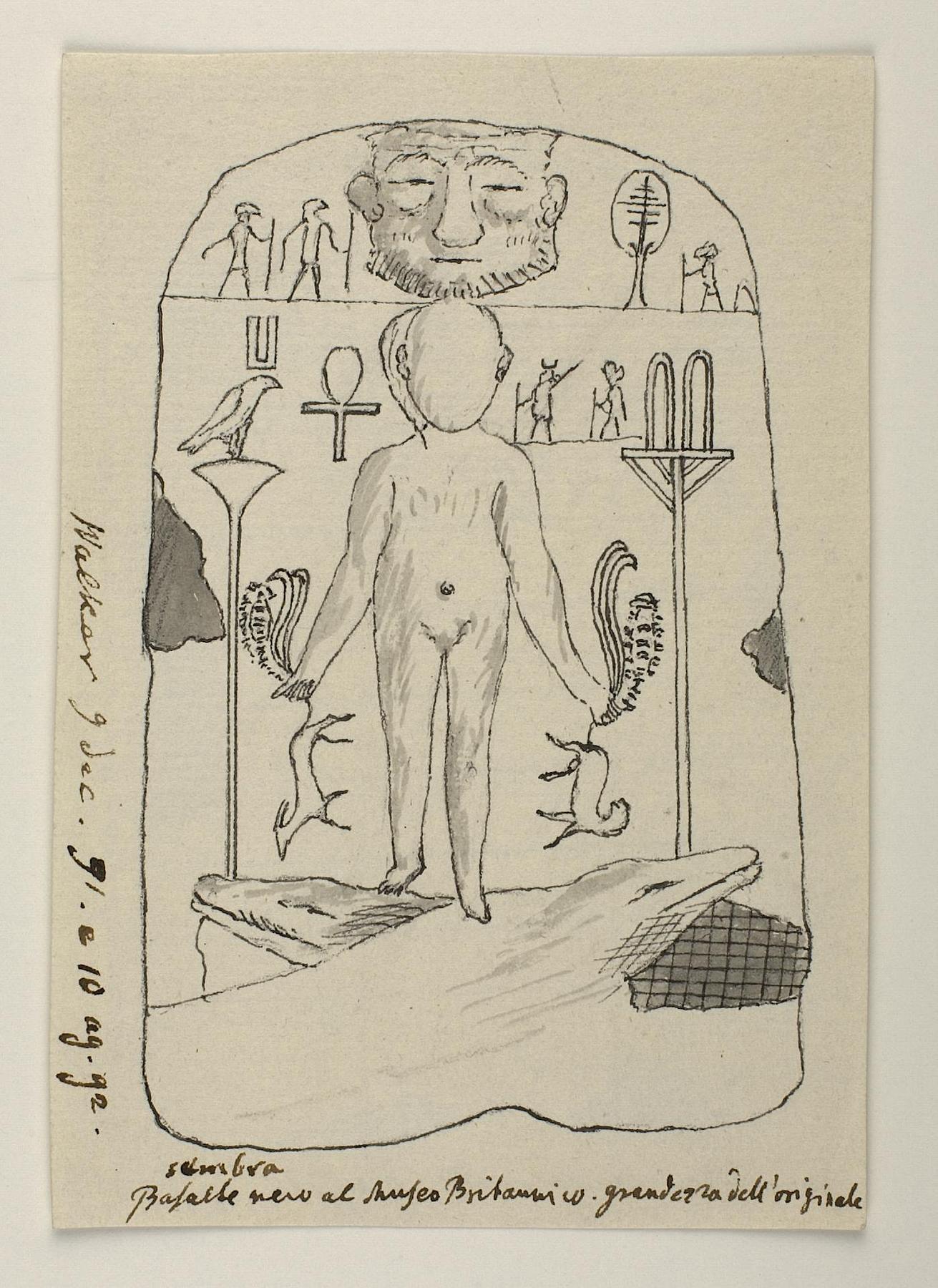 Skæget maske. Figur stående på to krokodiller. Hieroglyffer, D1164