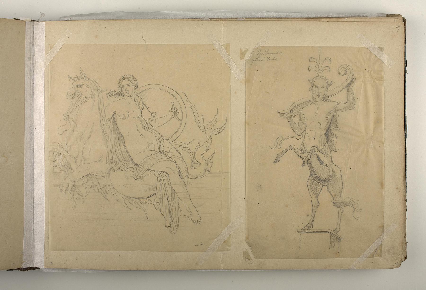 Kvindefigur med et skjold siddende på et søuhyre. Kentaur, D1827,17