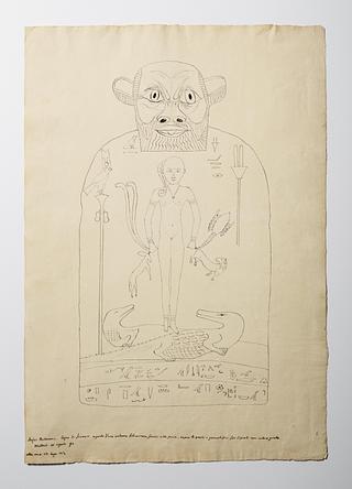 D1167r Skæget maske. Figur med slanger, antilope, løve og skorpion. Hieroglyffer