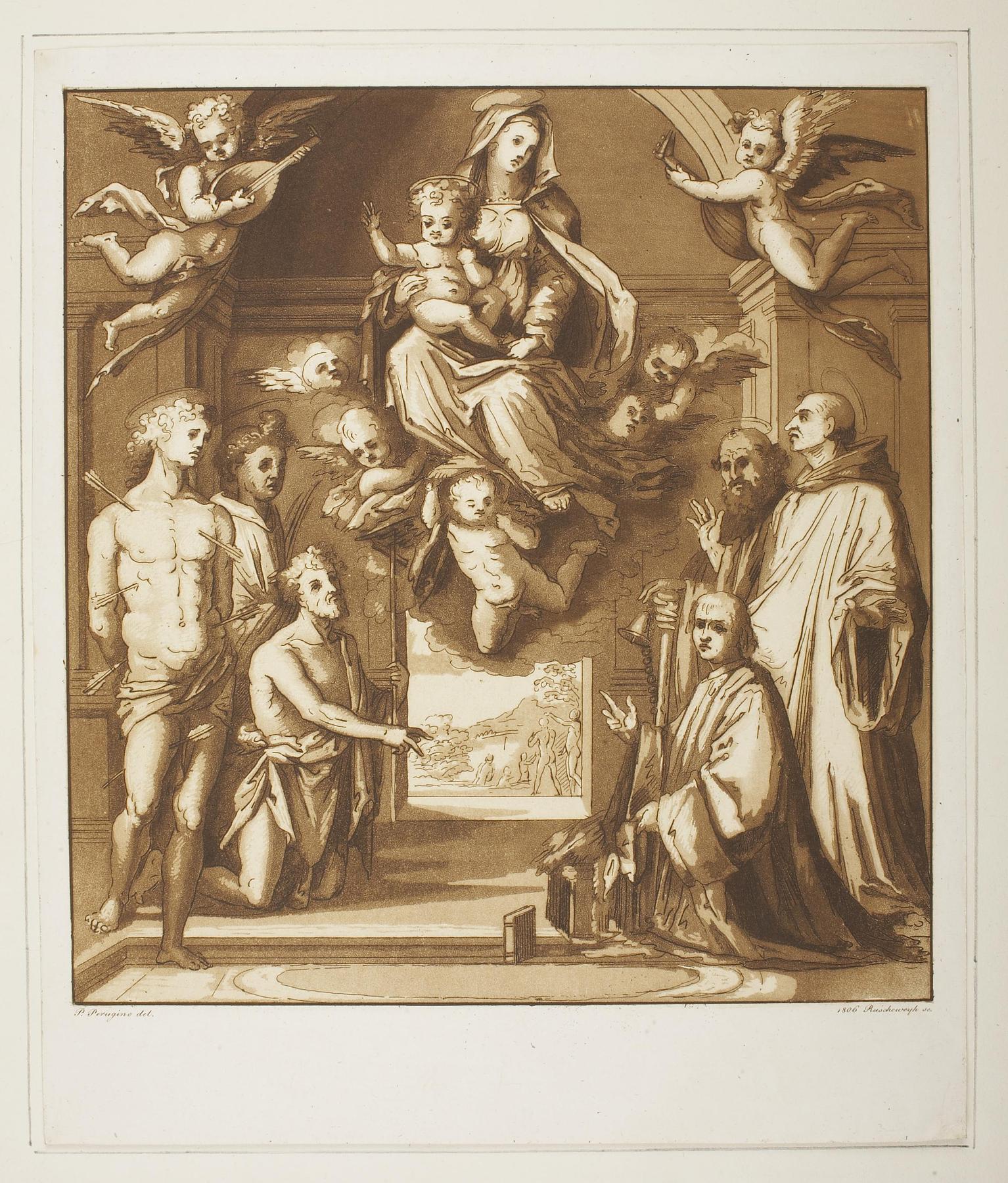 Maria med barnet åbenbarer sig for St. Sebastian og flere helgener, E1012