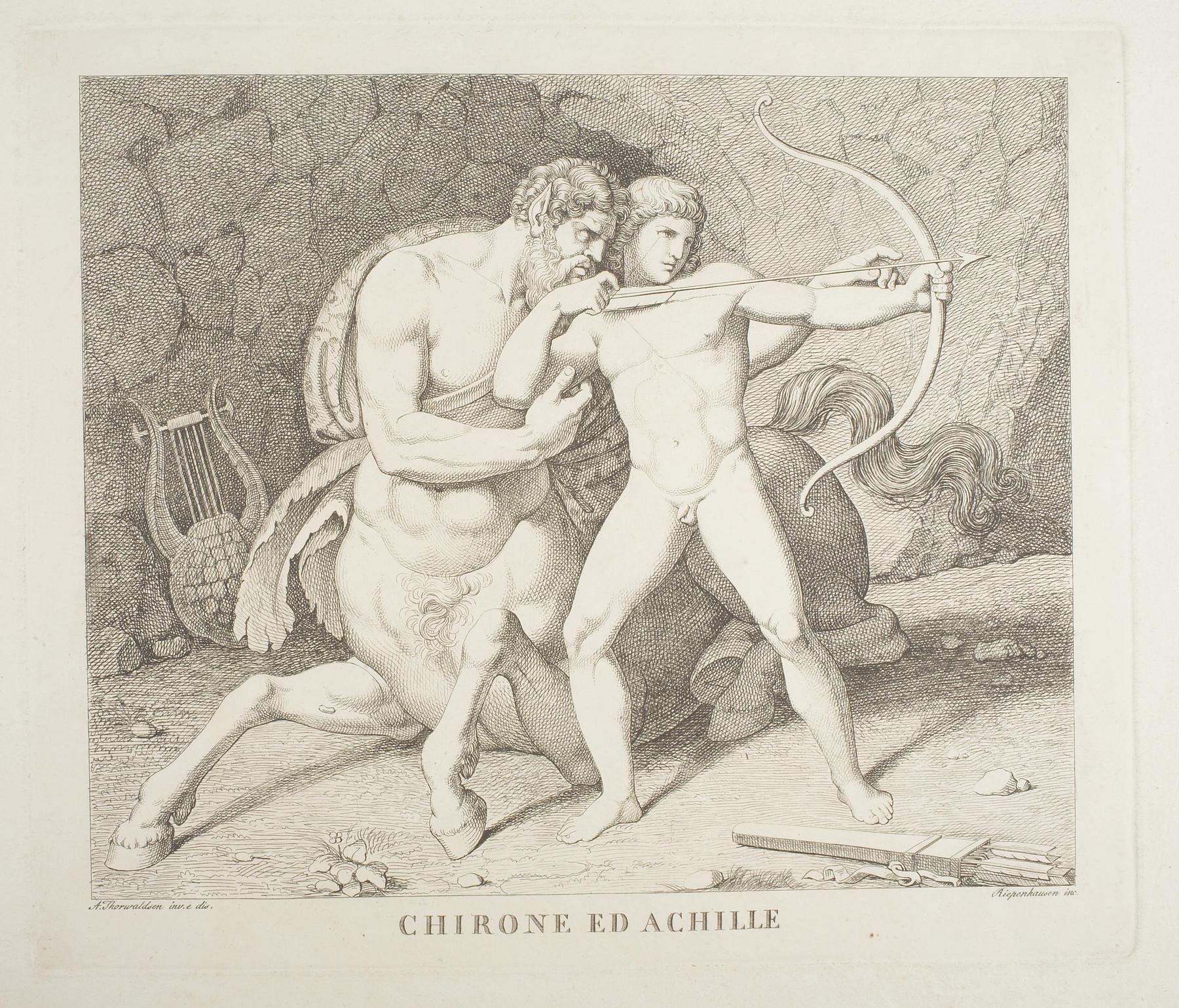 Chiron lærer Achilleus at skyde med bue, E89