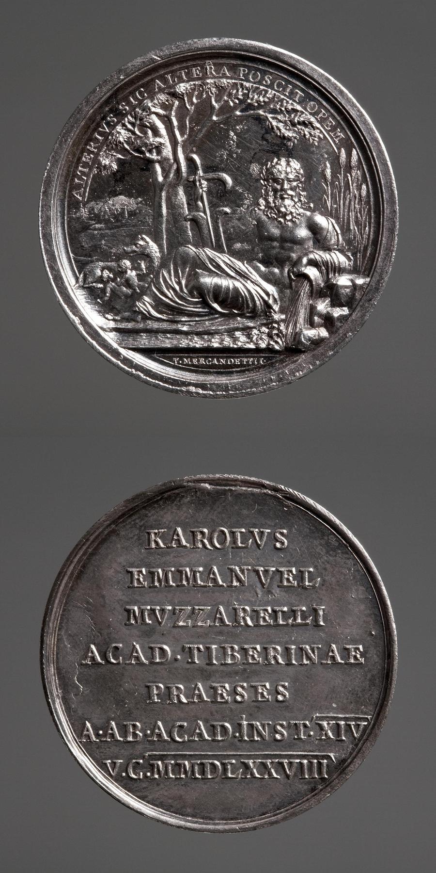 Medaljens forside: Tiberflodens Gud. Medaljens bagside: Indskrift, F102