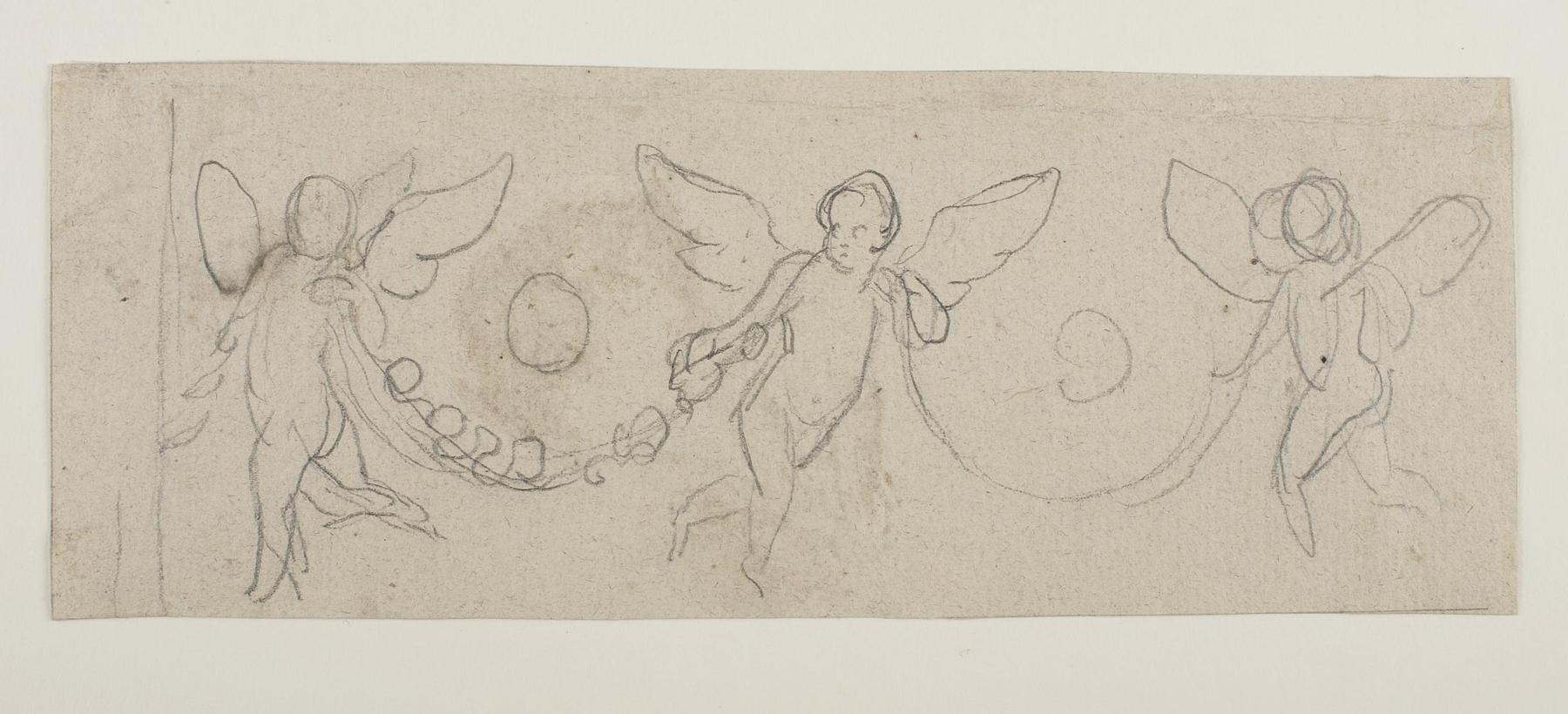 Three hovering angels with flower branches as a festoon, C222